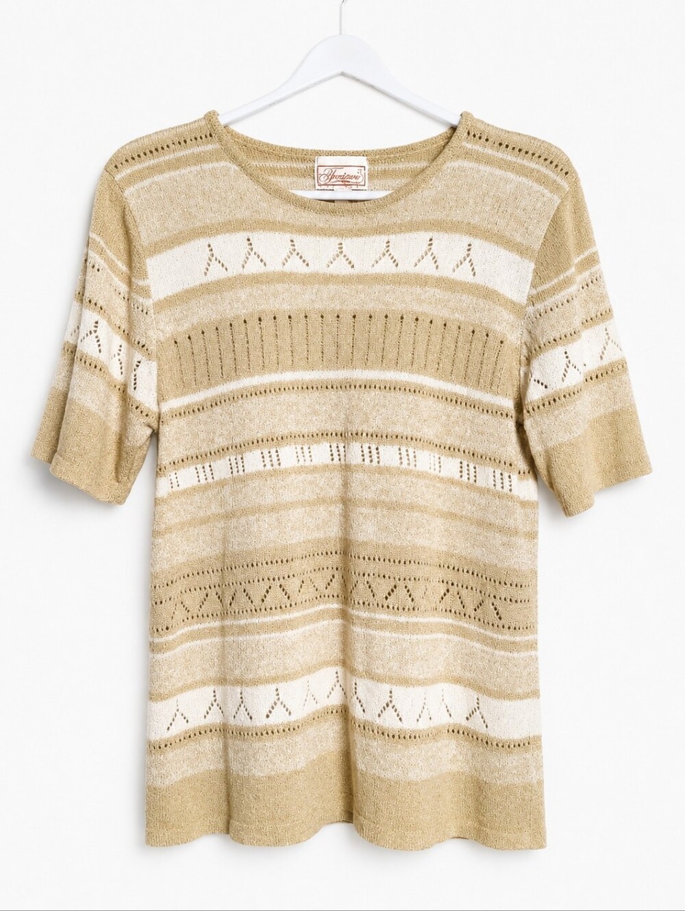 ​Vintage Tradition Beige Cream Striped Crochet Knit Short Sleeve Top